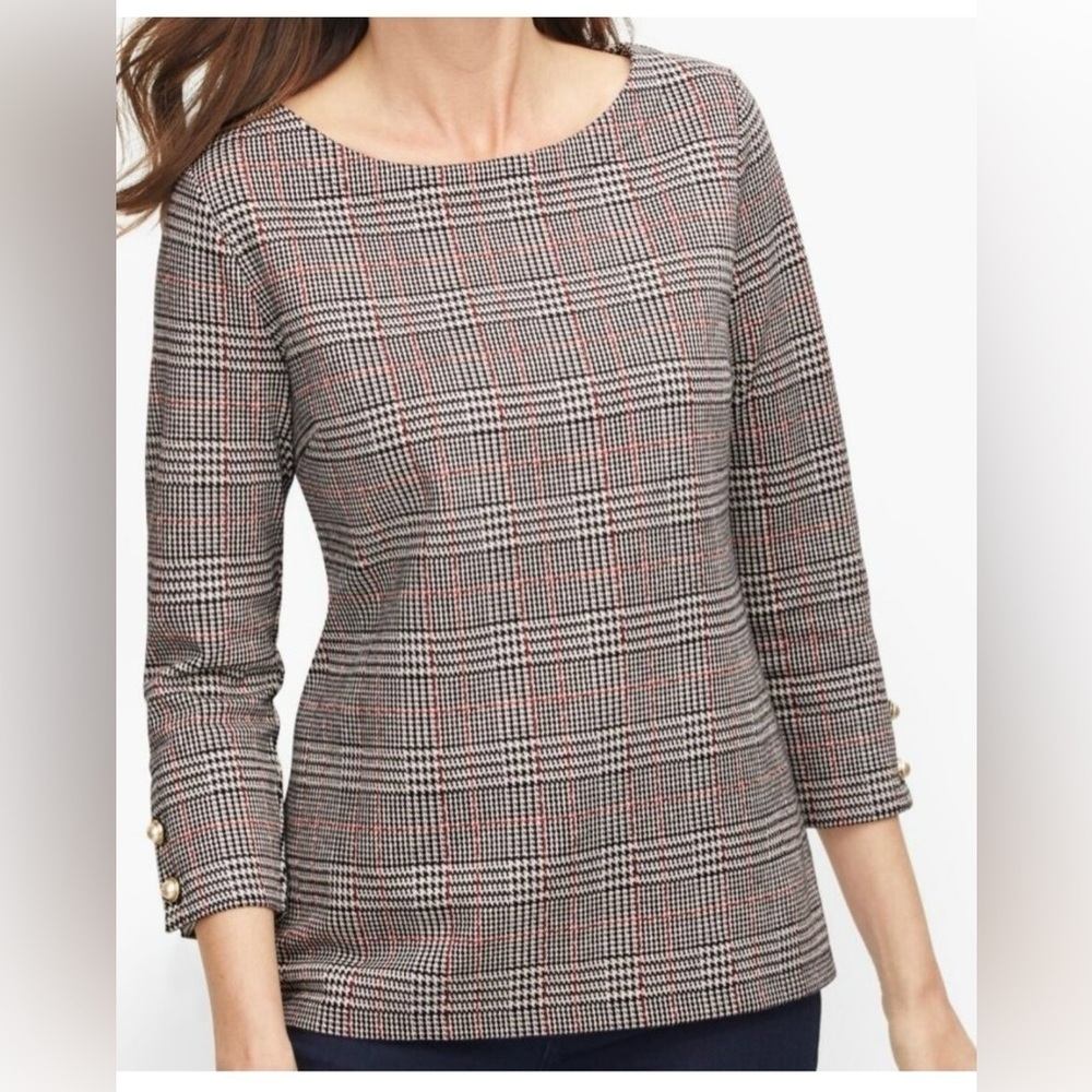 Talbots Pearl Button Cuff Top Plaid Houndstooth Print Bateau Neckline Sz Sm EUC